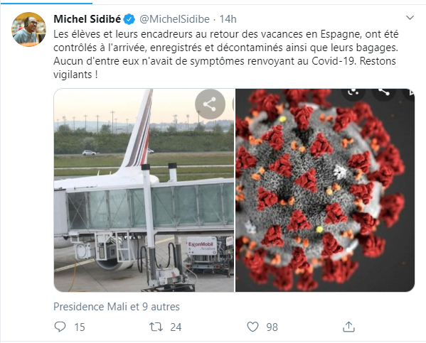 Capture du twitte du ministre de la santé Michel SIDIBE